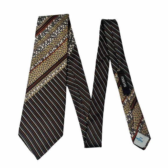 VINTAGE Yves Saint Laurent YSL Brown Tan Multi Pattern Satin Silk Necktie Tie - Picture 2 of 7